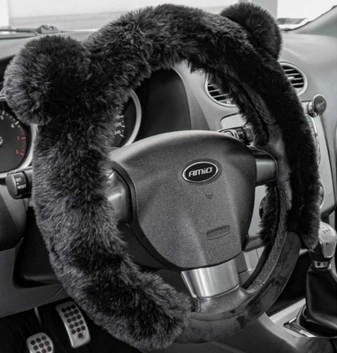 POKROWIEC NA KIEROWNICĘ 37-39-cm PLUSZOWY Z USZAMI MIĘKKI CZARNY MIŚ USZY - obrazek 6