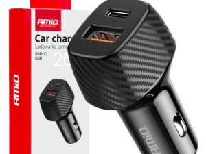 ŁADOWARKA DO SAMOCHODU CZARNA CARBON AMIO 20W QUICK CHARGE USB + USB-C